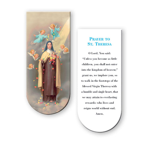 Prayer card with an illustration of St. Theresa and a prayer text on a white background