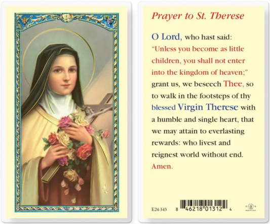 Prayer card with a portrait of St. Therese on one side and text on the other, featuring a decorative border.