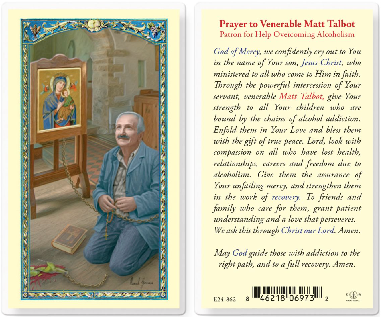Prayer card with illustration of a man kneeling before an icon and text on the back.