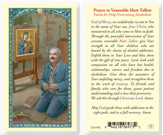 Prayer card with illustration of a man kneeling before an icon and text on the back.