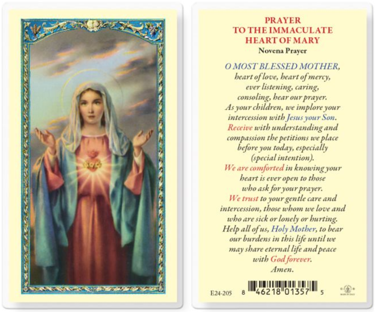 Prayer card with image of a religious figure and text on a white background
