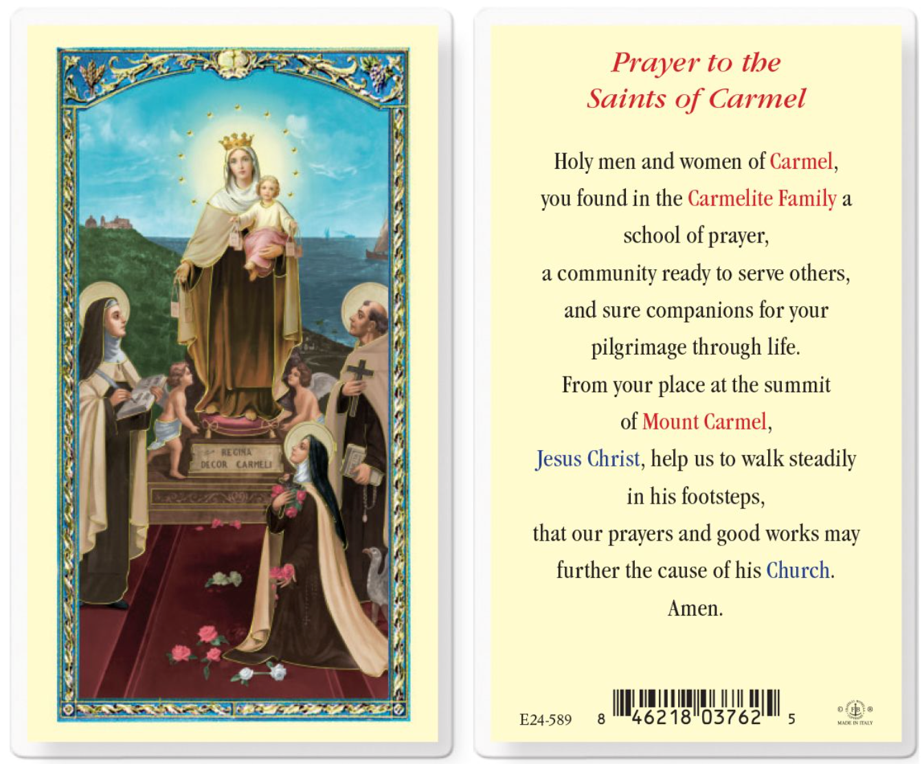 Prayer card with religious illustration and text on a white background