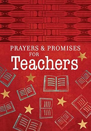 Cover of 'Prayers and Promises for Teachers' book, featuring a red background with gold stars and books.