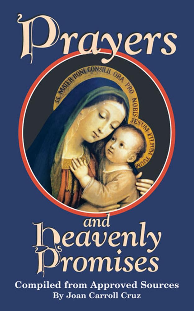Book cover of 'Prayers and Heavenly Promises' with an illustration of a woman holding a child on a blue background.