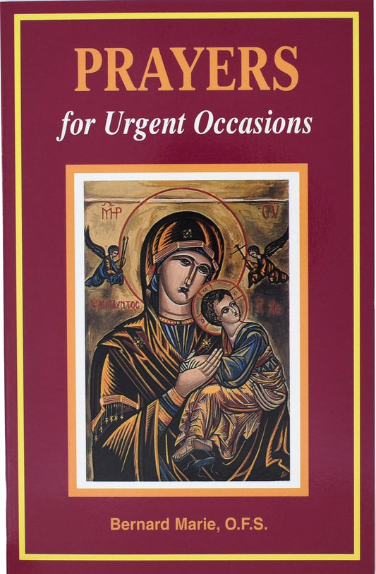 Book cover of 'Prayers for Urgent Occasions' with an icon of a religious figure on a maroon background.