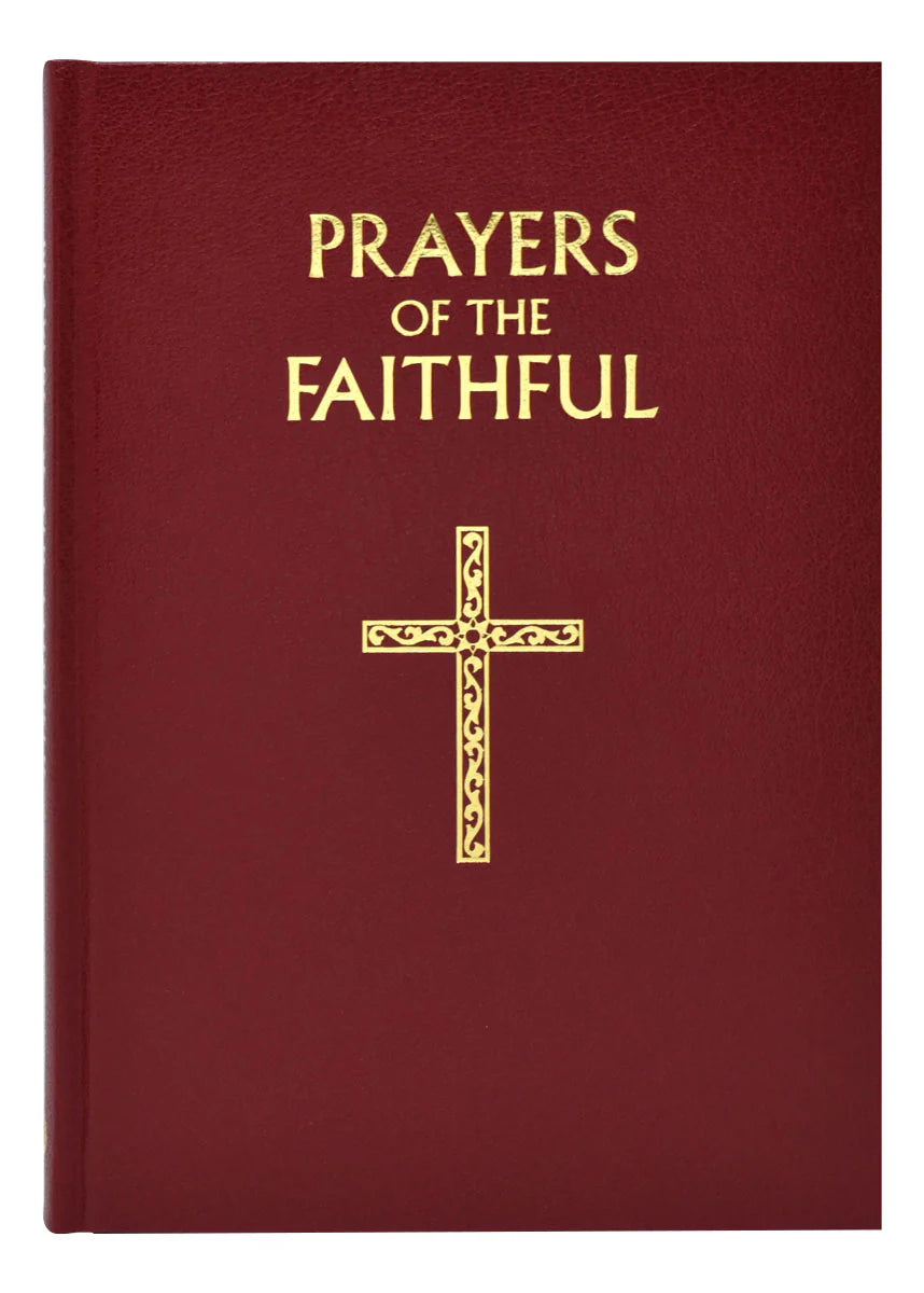 Red book titled 'Prayers of the Faithful' with a gold cross on a white background