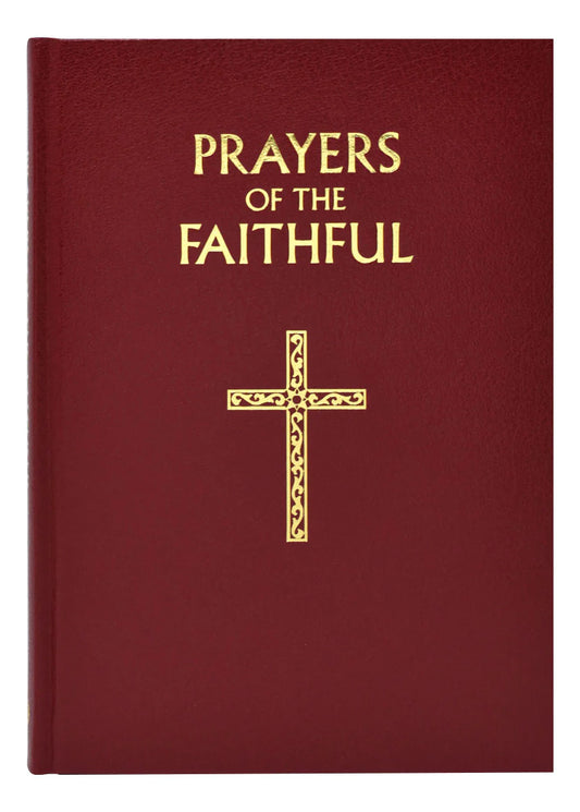 Red book titled 'Prayers of the Faithful' with a gold cross on a white background