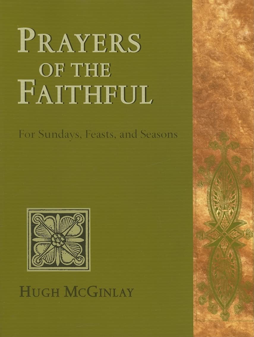 Book cover of 'Prayers of the Faithful' by Hugh McGinlay with decorative elements on a green and brown background.