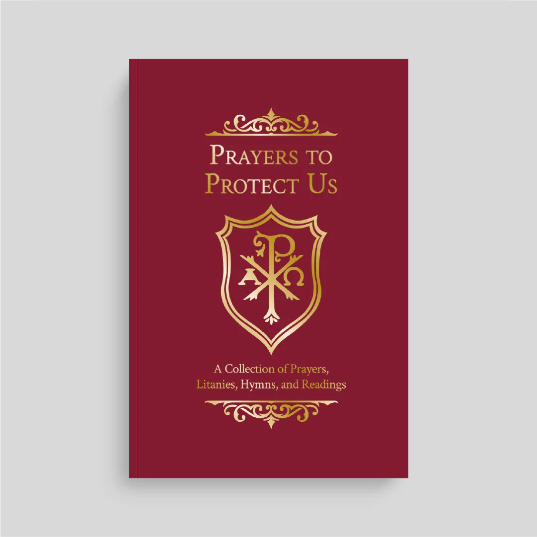 Red book titled 'Prayers to Protect Us' with gold text and design on a light gray background
