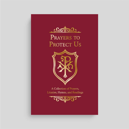 Red book titled 'Prayers to Protect Us' with gold text and design on a light gray background