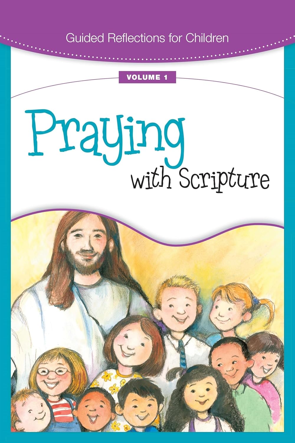 Book cover of 'Praying with Scripture' for children with a colorful illustration of Jesus and children.