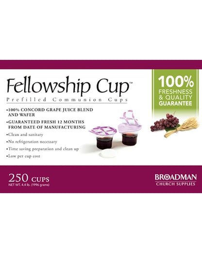 Package of Fellowship Cup prefilled communion cups with branding and product details.