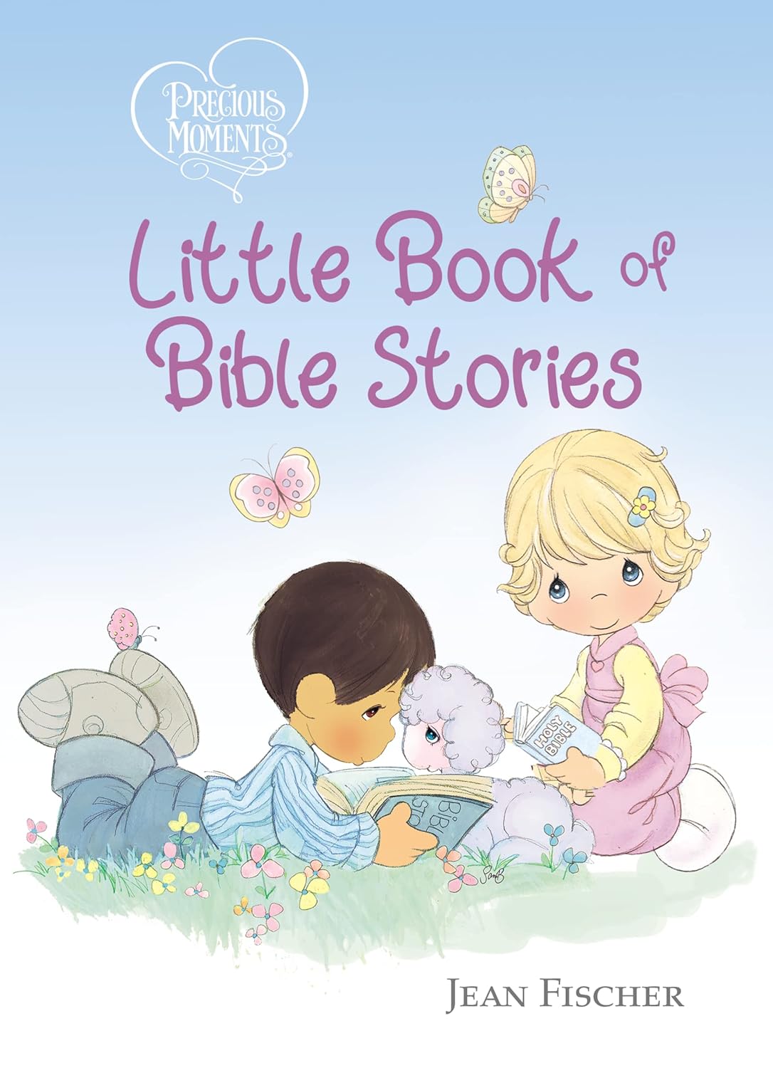 Book cover of 'Little Book of Bible Stories' with children reading and animals, featuring the Precious Moments series.