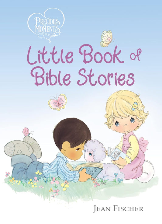 Book cover of 'Little Book of Bible Stories' with children reading and animals, featuring the Precious Moments series.