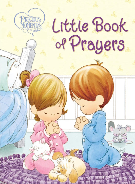 Cover of 'Little Book of Prayers' with illustrations of two children and a cat on a bed.