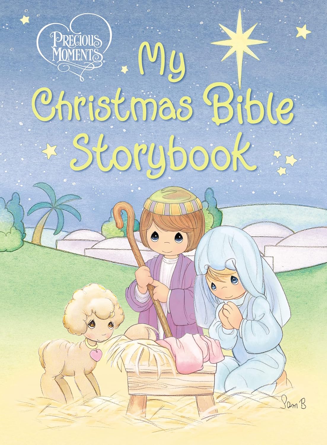 Cover of 'My Christmas Bible Storybook' with illustrations of a shepherd, angel, and baby Jesus.