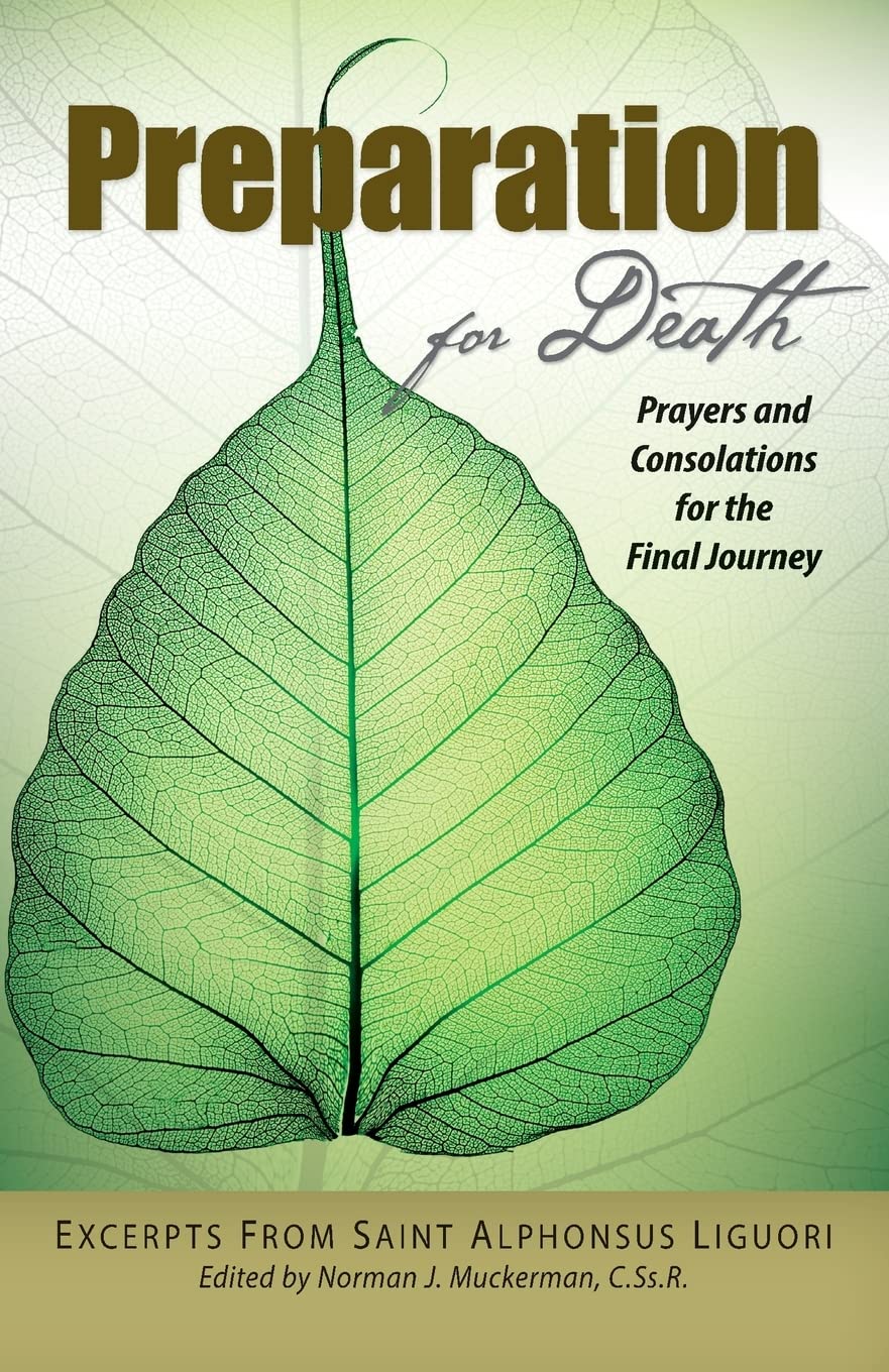 Book cover with a green leaf design and text about prayers and consolations for the final journey.