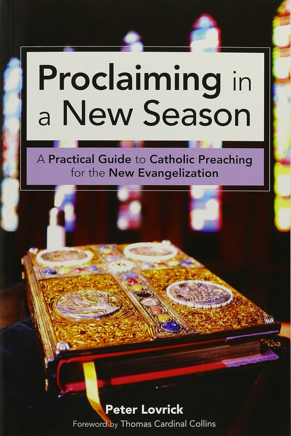 Book cover of 'Proclaiming in a New Season' with a decorative book and blurred lights in the background.