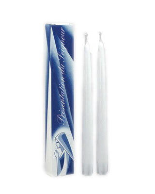 White candles with blue packaging on a white background