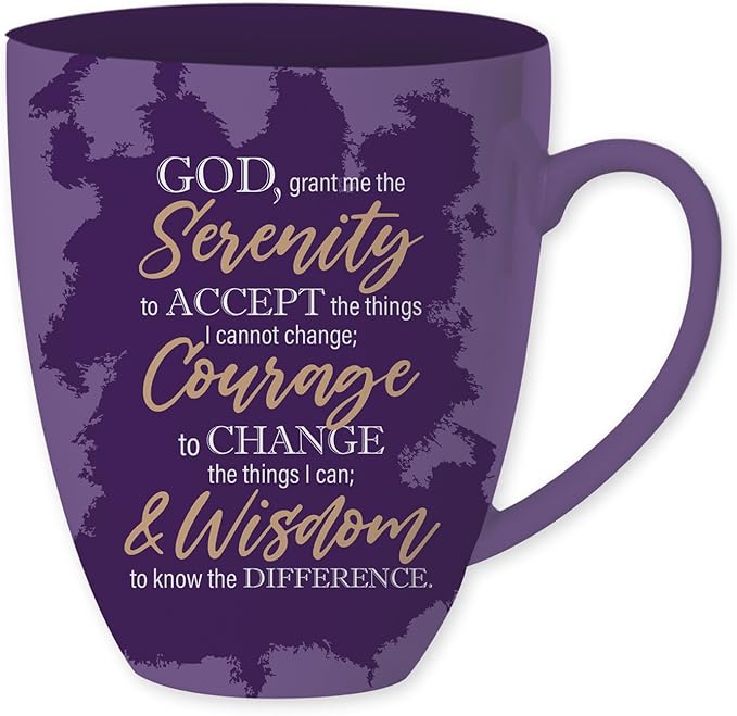 Purple mug with gold text featuring the Serenity Prayer on a white background