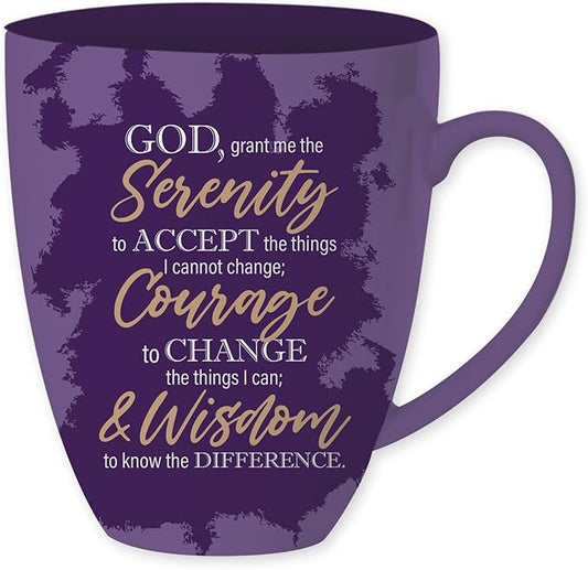 Purple mug with gold text featuring the Serenity Prayer on a white background