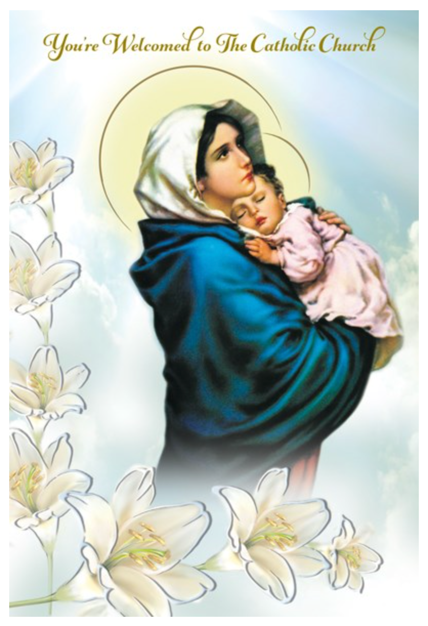 Icon of a religious figure holding a child with floral decorations and text about welcoming to the Catholic Church.