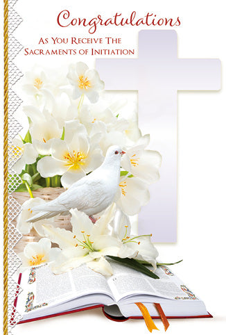 Greeting card with a cross, dove, and flowers on an open book, featuring text about sacraments of initiation.