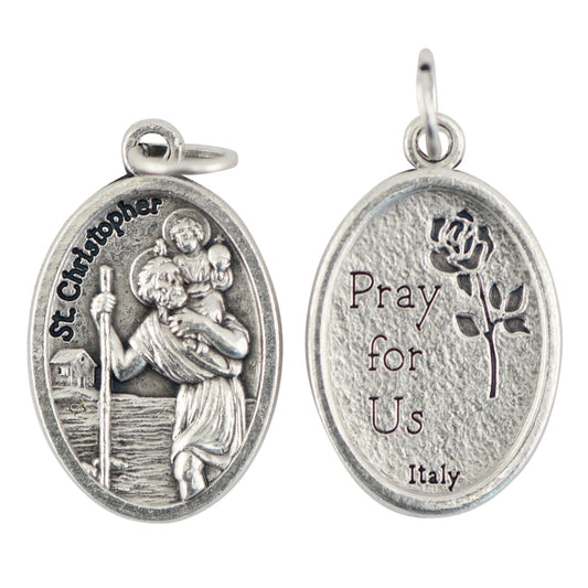 Oval St. Christopher Pray for Us with Rose Medal
