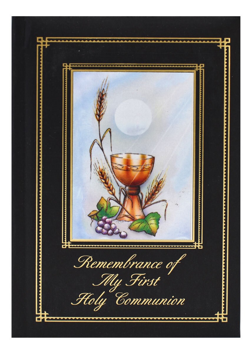 Greeting card with religious design featuring a chalice, wheat, and grapes on a black background.