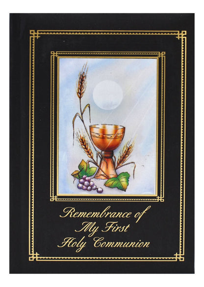 Greeting card with religious design featuring a chalice, wheat, and grapes on a black background.