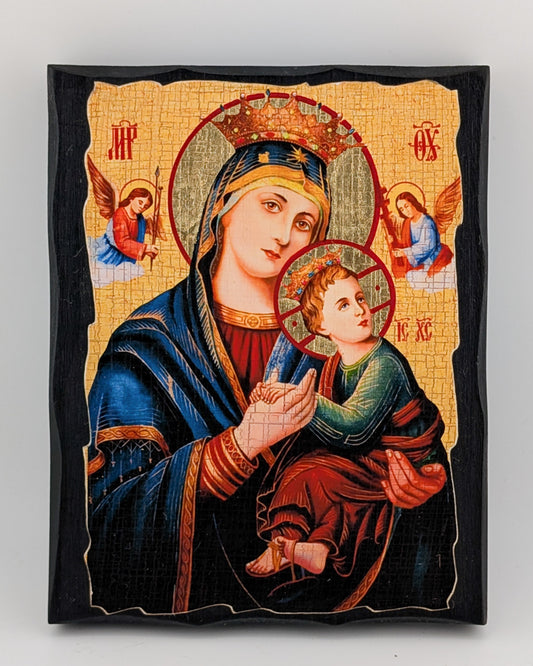 Icon of a religious figure holding a child with decorative elements on a plain background