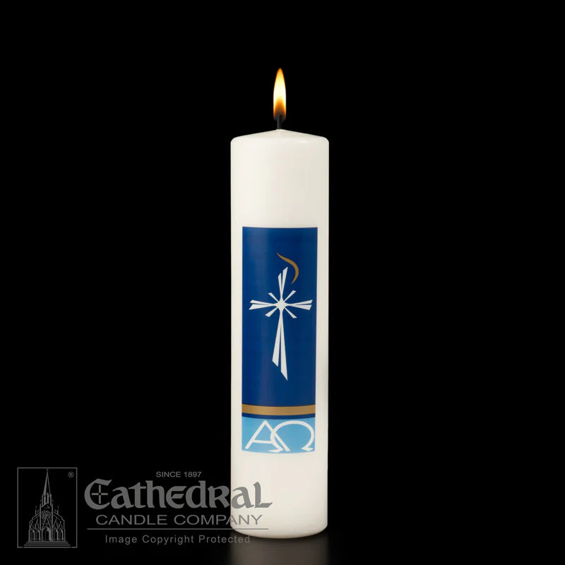 White candle with a blue cross design on a black background, featuring the Cathedral Candle Company logo.