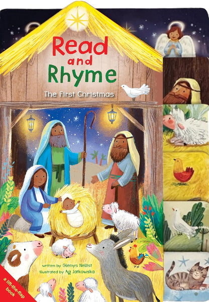 Children's book cover titled 'Read and Rhyme: The First Christmas' with nativity scene illustration.