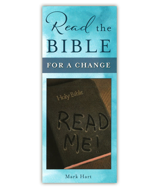 Booklet titled 'Read the Bible for a Change' with a black Bible inside, on a white background.