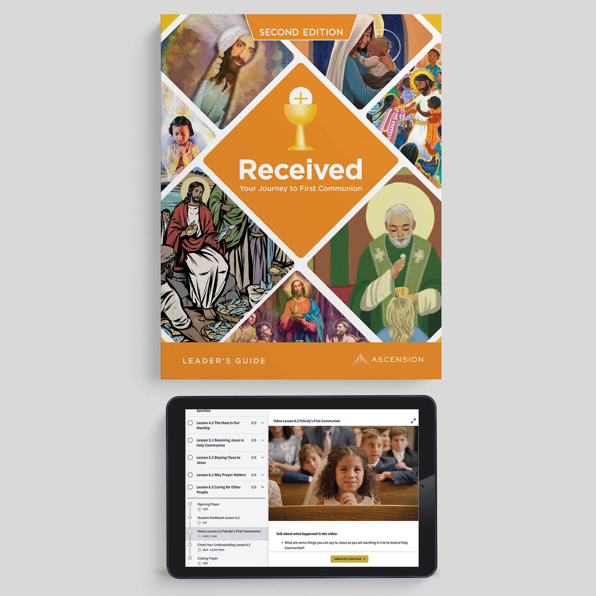 Book titled 'Received' with a tablet displaying its interface on a light gray background