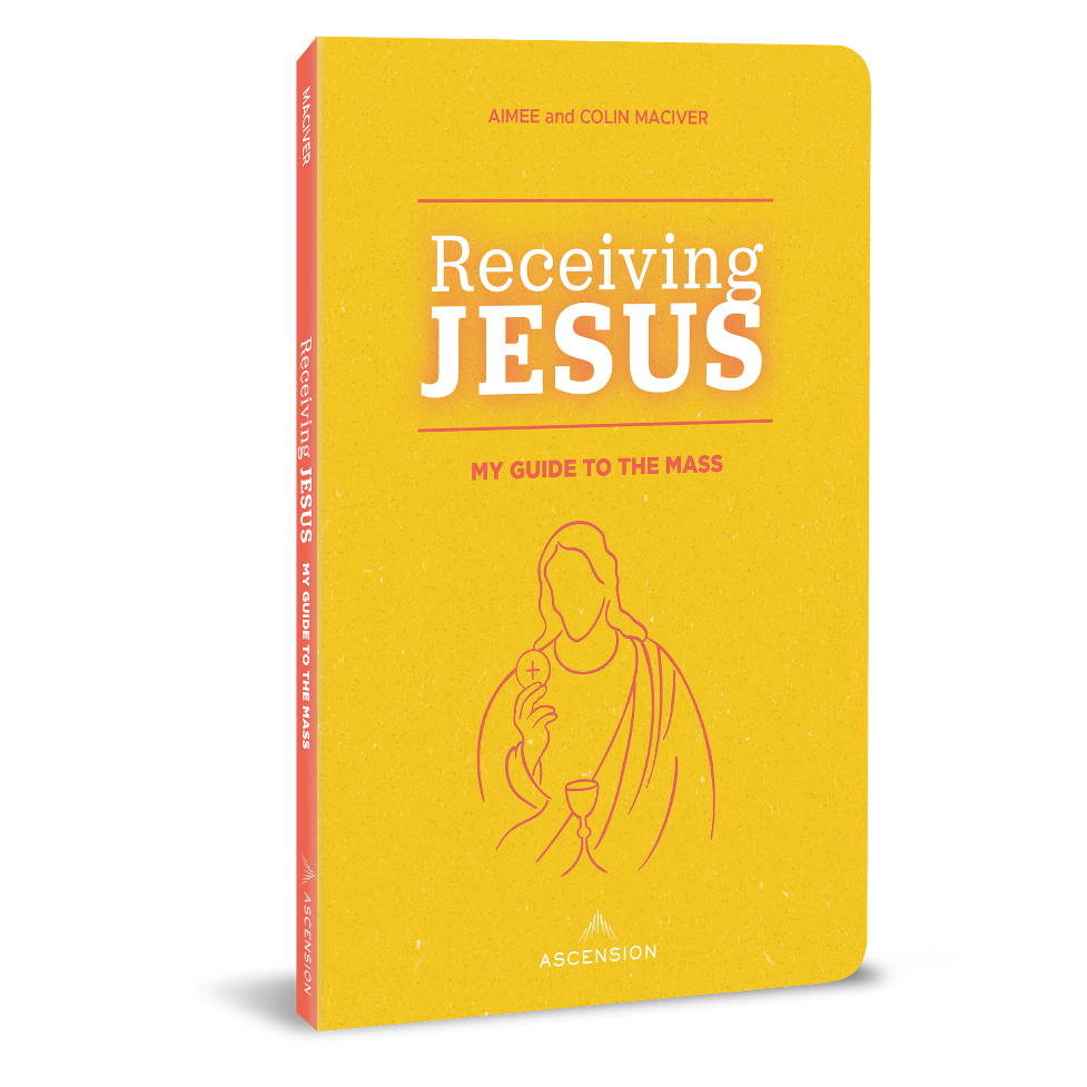 A yellow book cover with the title 'Receiving Jesus: My Guide to the Mass' and an illustration of Jesus.