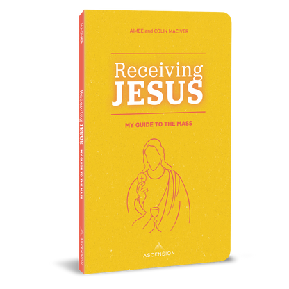 A yellow book cover with the title 'Receiving Jesus: My Guide to the Mass' and an illustration of Jesus.