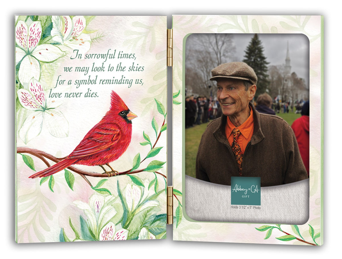 Memorial standing picture frame with a red cardinal bird illustration, featuring a message, a hinged photo frame, and an engraving plate for personalization.