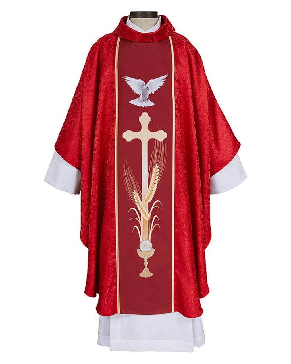 A red confirmation chasuble with gold lace trim and an exclusive design featuring a golden cross and a stylized plant on the front.