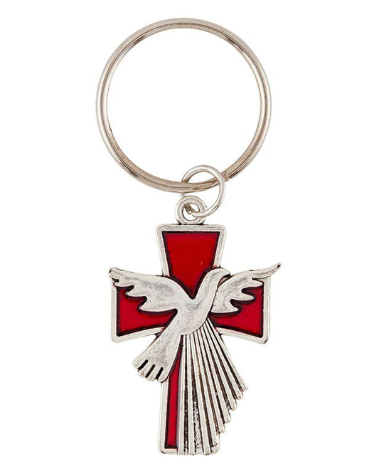 A keychain with a silver cross and red enamel accent, featuring a dove symbolizing the Holy Spirit.