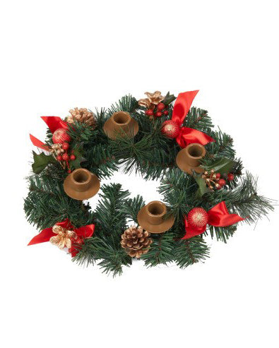 Decorative Christmas wreath with red ribbons, pine cones, and small candles on a white background