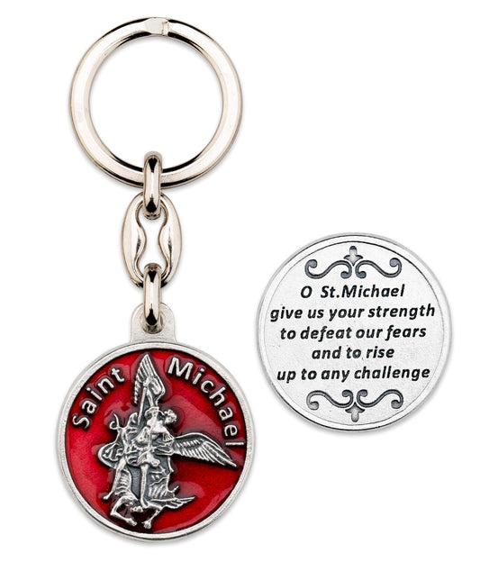 Keychain with Saint Michael emblem and prayer on a white background