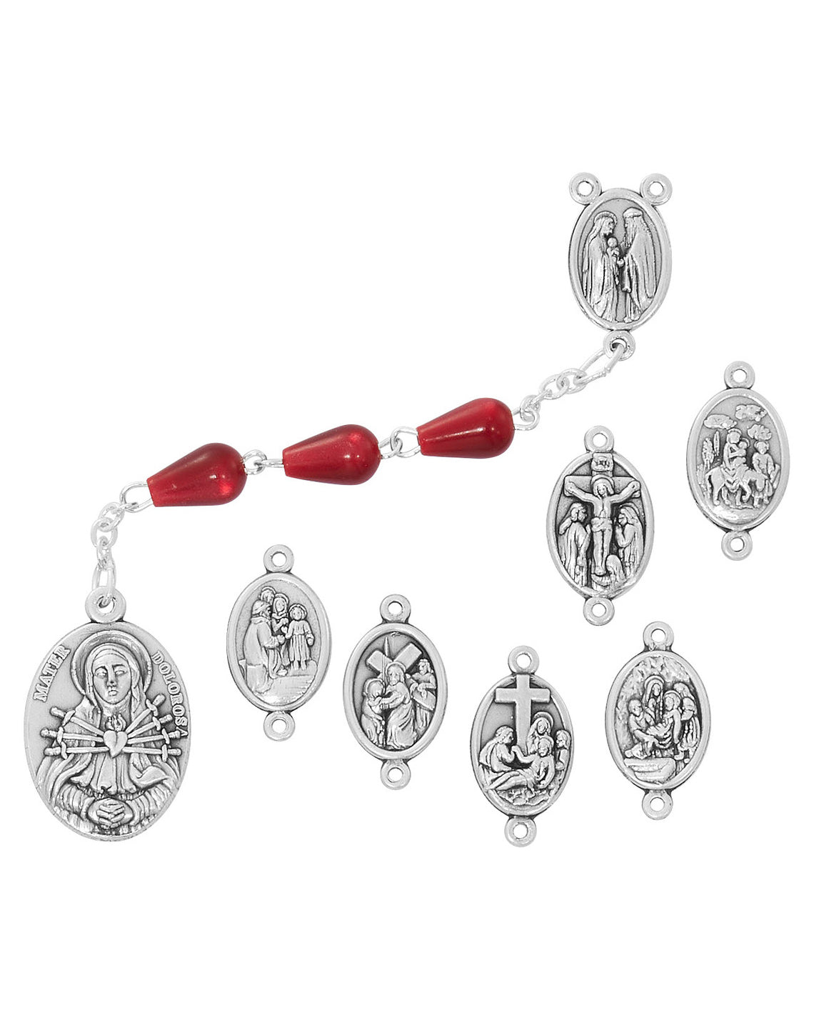 Silver rosary with red beads on a white background