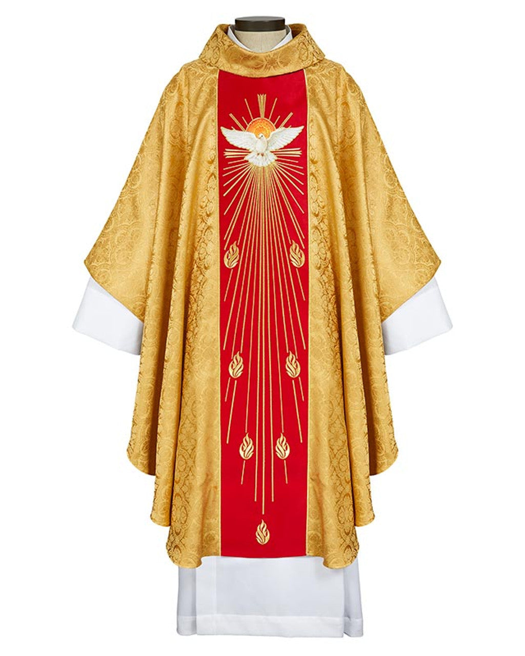A gold and red chasuble with embroidered design and a cowl neck.