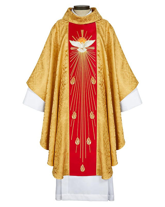 A gold and red chasuble with embroidered design and a cowl neck.