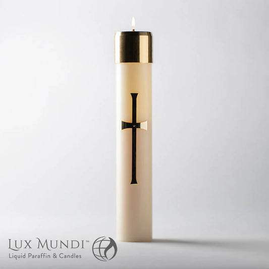 Candle with a black cross design on a white background, featuring the Lux Mundi brand.