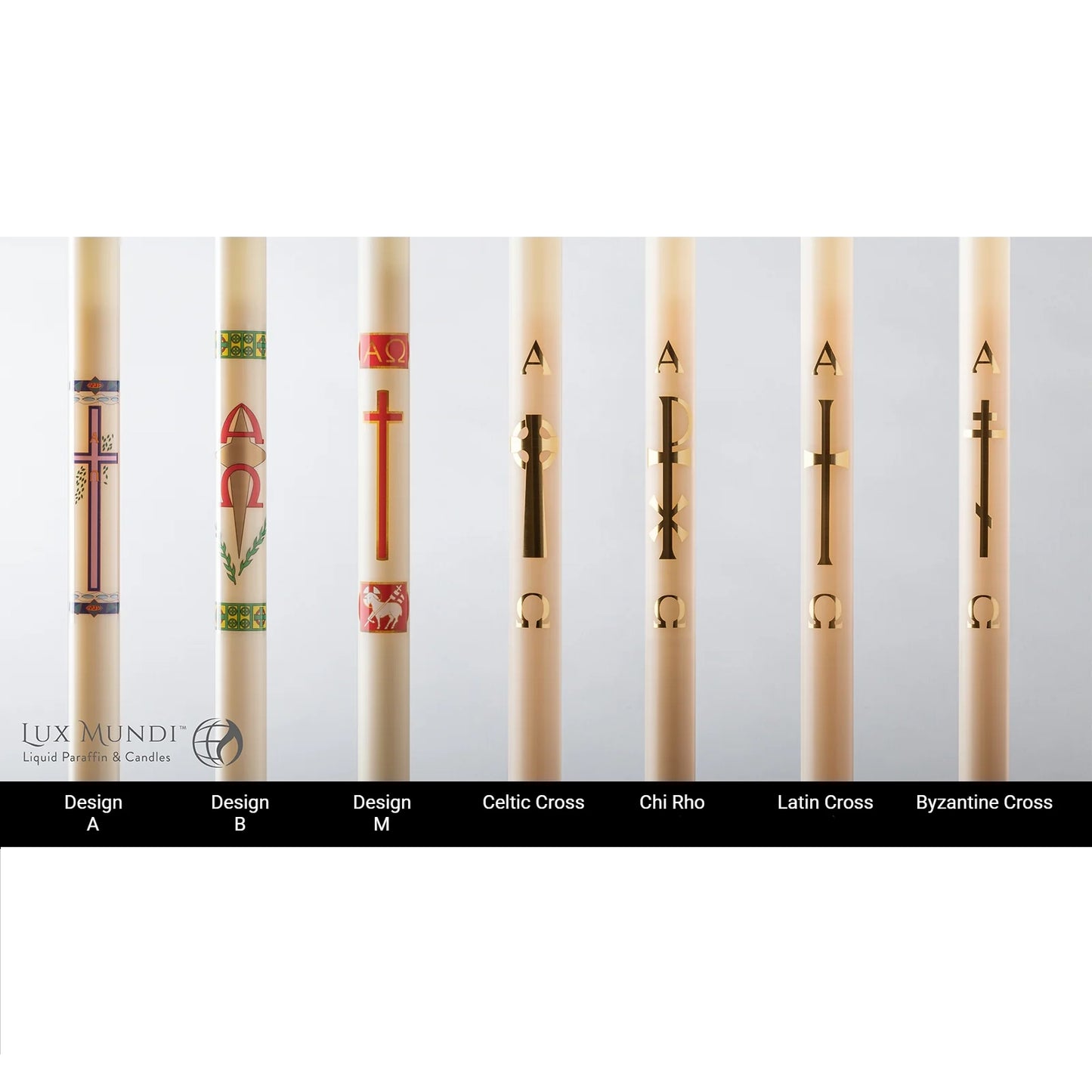 Set of candles with various designs on a white background, featuring the Lux Mundi logo.