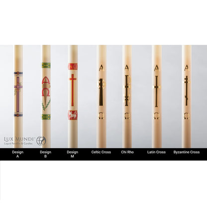Set of candles with various designs on a white background, featuring the Lux Mundi logo.