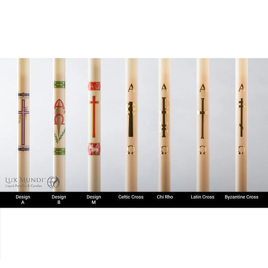 Set of candles with various designs on a white background, featuring the Lux Mundi logo.