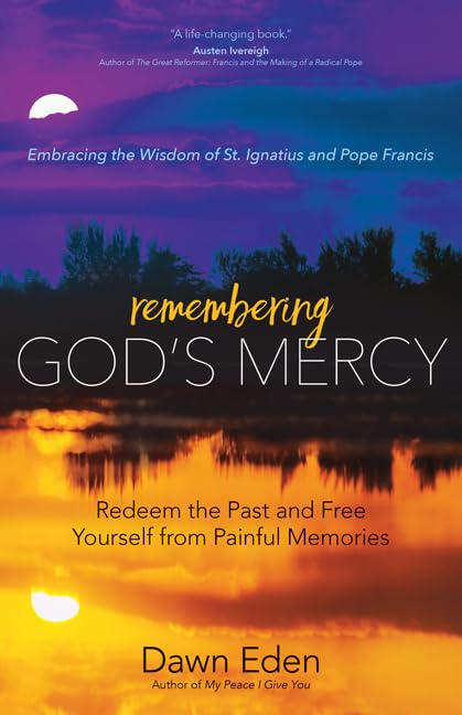 Book cover of 'Remembering God's Mercy' with a sunset over water and trees design.
